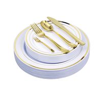 125 Pieces Premium Quality Heavyweight Tableware/Elegant Plastic Disposable dinnerware: 25 Dinner Plates, 25 Salad or Dessert Plates & 25 Polished Gold Forks Knives & Spoons - Bonus 25 Dessert Forks