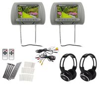 Pair Rockville RHP7-GR 7 Grey TFT-LCD Car Headrest Monitors+2 Wireless Headsets