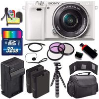 Sony Alpha a6000 Mirrorless Digital Camera with 16-50mm Lens (White) + Battery + Charger + 32GB Bundle 5 - International Version (No Warranty)