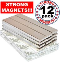 Strong Magnets Rare Earth Neodymium: Bar Adhesive Super Permanent Metal Rectangular, 60x10x3mm, Powerful Pull Force, 12 Pack| Heavy Duty, Fridge Door, Garage, Kitchen, Science, Craft, Art, Office, DIY