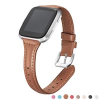 bayite Bands Compatible with Fitbit Versa/Fitbit Versa Lite/Fitbit Versa 2, Brown, (5.3"-7.8") Slim Genuine Leather Band Replacement Accessories Strap Women Men,