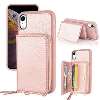 LAMEEKU Zipper Wallet Case for iPhone XR, Credit Card Slots Case with Crossbody Chain Wrist Strap Leather Card Holder Case, Protective Bumper Cover for iPhone XR 6.1'' - Rose Gold