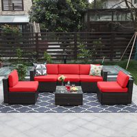 PHI VILLA 6-Piece Outdoor Sectional Sofa Rattan Patio Furniture Set Conversation Set with Tea Table, Red