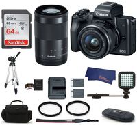 Canon EOS M50 Mirrorless Digital Camera with 15-45mm + 55-200mm Lenses -Black (USA Warranty) Bundle, Includes: 64GB SDXC Class 10 Memory Card + Full Size Tripod + LED Light + Spare Battery + More