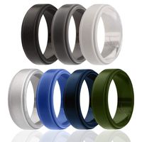 ROQ Silicone Wedding Ring for Men, 7 Pack Silicone Rubber Band Step Edge - Black, Grey, Silver, Light Grey, Blue, Dark Blue, Olive Green - Size 16