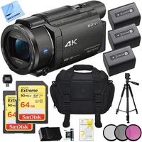 Sony FDR-AX53/B 4K Handycam Camcorder Deluxe Bundle includes Handycam, 55mm Filter Kit, Battery x 2, Charger, 64GB SDXC Memory Card x 2, Bag, Tripod, Card Reader/Wallet, Beach Camera Cloth and More!