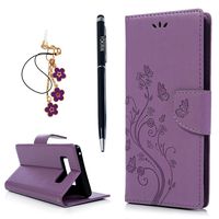 For Samsung Galaxy Note 8 Case, PU Leather Wallet Case Floral Pattern Flip Folio Magnetic Book Skin Shell with Credit Card Slots and Kickstand Wrist Strap Soft TPU Bumper Full Proteciton, Light Purple