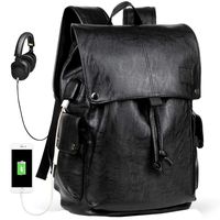 Backpack for Men with USB PU Leather Bookbag Laptop Travel Bag Daypacks (Black)