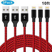 Braided Phone Charger Cable 10FT Data Sync Durable Nylon Cord Compatible with XS/XR/X/8/7/6/5 Phones and Tablets 3 Pack high Speed (Red Black)