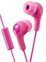 PINK GUMY In ear earbuds with stay fit ear tips and MIC.  Wired 3.3ft colored cord cable with headphone jack.  Small, medium, and large ear tip earpieces included.  JVC GUMY HAFX7MP