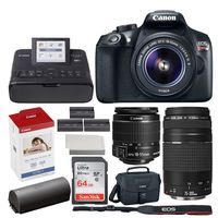 Canon EOS Rebel T6 Digital SLR Camera + EF-S 18-55mm & EF 75-300mm Lens + 32GB Memory Card + Canon SELPHY CP1300 Photo Printer (Black) + Canon KP-108IN Color Ink and Paper Set + Extra Printer Battery