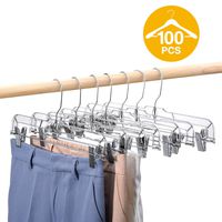 HOUSE DAY 100 Pack 14 inch Clear Plastic Skirt Hangers with Clips, Skirt Hangers, Clip Hangers for Pants,Trouser Bulk Plastic Pants Hangers