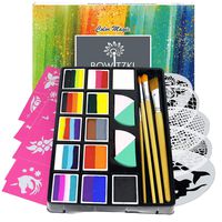 Bowitzki Professional Face Painting Kit for Kids Adults 12 x 10gm Face Paint Set with Stencil One Stroke Split Cakes Palette Non Toxic Rainbow Flora Dolphin Unicorn Flame Body Paint