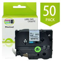 NineLeaf Black on White Extra Strength Adhesive Tape Compatible for Brother P-Touch TZe-S251 TZ-S251 TZeS251 TZS251 TZe S251 TZ S251 Label Maker Tapes 1'' (24mm) x 26.2 Feet(8m) PT-P700 D600 50 Pack