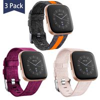 Maledan Compatible with Fitbit Versa/Versa Lite/Fitbit Versa 2 Bands for Women Men Large, Reflective Woven Fabric Strap Replacement for Fitbit Versa Smart Watch, 3 Pack Fuchsia/Beige/Strip Charcoal