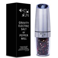 Electric Gravity Pepper Grinder or Salt Mill with Adjustable Coarseness Automatic Pepper Mill Grinder Battery Powered with Blue LED Light,One Hand Opetated,Brushed Stainless Steel by CHEW FUN