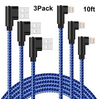 90 Degree iPhone Charger 10ft Lightning Cable 10ft Right Angle iPhone Charger Cable Fast Charging iPhone Cable 10ft 3 Pack Nylon Braided Charger Cord Compatible iPhone/iPad/iPod (Blue Black,10ft)