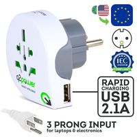 World to Europe Travel Adapter with USB Port by Q2Power, for Type F Schuko Outlets, Grounded and Safe, Works with Laptops, Computers, Smartphone Chargers, Portable Devices
