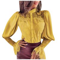 Sunhusing Women's Lace Flower Stitching Solid Color Stand Neck Long Sleeve Flare Sleeve Shirt T-Shirt Top(Yellow,S)