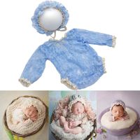 Baby Photography Props Lace Hats Rompers Newborn Girl Photo Shoot Outfits Hat Set Infant Princess Costume (Blue)