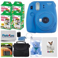 Fujifilm instax Mini 9 Instant Film Camera (Cobalt Blue) + Fujifilm Instax Mini Twin Pack Instant Film (80 Shots) + Photo Keychain + Selfie Album + 4 AA Batteries + Compact Case + Cleaning Cloth