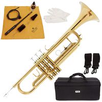 Mendini by Cecilio Gold Brass Standard Bb Trumpet with Hard Case, 7C Mouthpiece, Valve Oil, Mouthpiece & Valve Brush, Flexible Bore Brush, Cleaning Rod, Cleaning Cloth, Gloves, and Warranty