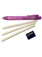 Faber-Castell Pen Mechanical Stick Retractable Eraser Set with 2 Extra Refills + 1 FREE Faber-Castell Sharpener (assorted colors) For School Kids Office Home (Purple)