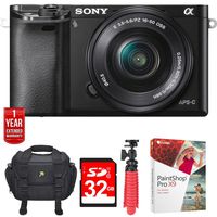 Sony Alpha a6000 Mirrorless Digital Camera with 16-50mm Lens (ILCE6000L/B) w/32GB Deluxe Bundle Includes, Digital Camera Padded Carrying Case +12" Rubberized Spider Tripod + 32GB SDHC Memory Card
