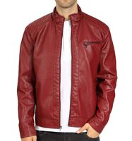 WULFUL Men's Stand Collar Leather Jacket Motorcycle Lightweight Faux Leather Outwear (Wine Red1301, XX-Large)