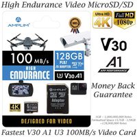 High Endurance 128GB MicroSDXC Card for Video Monitoring Cameras - Dash Cam, Body Cam, Surveillance Cam, Home Security Cam, Drone, Action Camera. Amplim U3, V30, A1, 4K UHD, Micro SD TF with Adapter