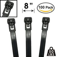 8" Nylon Reusable Releasable Cable Ties - 50 lbs - 100 Pack - Black