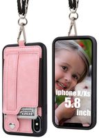 TOOVREN iPhone X/Xs Wallet Case Phone Lanyard Neck Strap iPhone Xs / 10 Protective Case Cover with Stand Leather PU Card Holder Adjustable Detachable iPhone Lanyard for Anti-Theft Pink