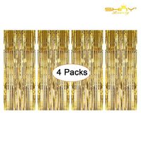 Foil Fringe-Backdrop-12FTX8FT-Gold Tinsel Metallic Fringe Curtains Shinny Party Accessory(Pack of 4) (Gold)