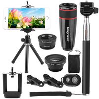 Longruner 10 in 1 Mini Camera Lens Kit 8 x Telephoto Lens + Fish-Eye Lens + Wide Angle + Macro Lens Selfie Stick Monopod + Remote Control + Mini Tripod with a 6 Slots Case (New Version)