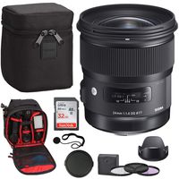 Sigma 24mm F1.4 Art DG HSM Lens for Nikon, Sandisk Ultra SDHC 32GB Memory Card, Ritz Gear Photo Backpack, 77mm Filter Set, Lens Cap and Lens Cap Keeper