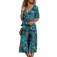 Thenxin Women's Elastic High Waist Wide Leg Jumpsuit Leaf Print V Neck Short Sleeve Baggy Romper（Blue，L）