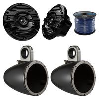 2X Kicker Tower Enclosure for 6.5" Marine Speakers, 2x Kenwood 6.5" 2 Way Marine 150W Black Speaker System, Enrock Audio Marine Grade Spool of 50 Foot 16-Gauge Speaker Wire