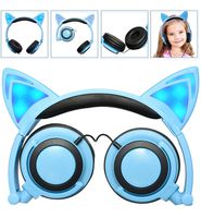 Wired Headphones Over-Ear Foldable Cat Ear Earphones with LED Light for Girls,Children.Compatible for Mp3 Mp4 Player,iPhone 6S,Android Phone. (Blue)