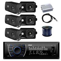 Pyle PLRMR27BTB Marine Bluetooth Receiver Stereo(Black) w/Pyle 3.5" 200W 3-Way Weather Proof Mini Box Speakers(3-Pairs), Pyle 4-Chan 400W WP Marine Amp, Enrock Marine Antenna & 50' 16G Speaker Wire