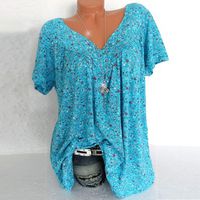 TIFENNY Women Plus Size Short Sleeves V-Neck Flower Print Blouse Summer Casual Pullover Tops Shirt Loose Tee Sky Blue