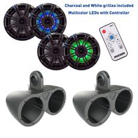 Kicker 6.5 Inch KM-Series Marine Speaker Bundle 41KM84LCW with Dual Black Wake Tower Enclosures and LED Remote