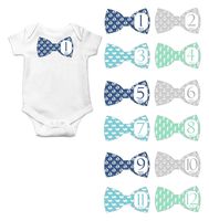Gift Set of 12 Bowtie Keepsake Photography Monthly Baby Stickers with Coastal Designs, Anchors and Whales BT027