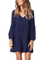 Amoretu Women's Long Sleeve Tunics Loose Casual Swing Shift Mini Dress Navy XXL