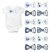 Gift Set of 12 Bowtie Keepsake Photography Monthly Baby Stickers with Blue Elephants and Giraffes BT004