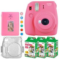 Fujifilm instax Mini 9 Instant Film Camera + Fujifilm Instax Mini Instant (60 Shots) + Hard Case with Glitter + 6 Colored Lens Filters + Large Album - Accessory Bundle (Deluxe Bundle, Flamingo Pink)