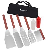 ROMANTICIST 8pc Griddle Accessories with 7in Extra Long Deluxe Wood Handle - Premium Griddle Spatula Set in Carrying Bag for Flat Top Grill Hibachi - Perfect Grilling Gift on Birthday Valentine's Day