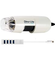 Dino-Lite AM2111 Digital Microscope Handheld with USB 2.0 Connection, 10x-50x, 230x Magnification (White) Bundle with Blucoil Mini USB C Hub with 4 USB Ports, Fast Charging Data Transfer Cable