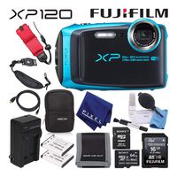 Fujifilm FinePix XP120 Waterproof Digital Camera (Sky Blue) Advanced Accessory Bundle with 64GB Memory Card + Extra Battery + Battery Charger + Floating Wrist Strap