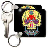 3dRose Yellow Sugar Skull With Flowers - Key Chains, 2.25 x 4.5 inches, set of 2 (kc_58188_1)
