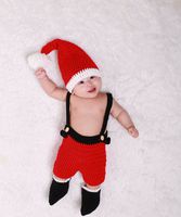 UOMNY Baby Newborn Photography Props Handmade Crochet Knitted Christmas Cap and Suspender Set Outfit Costumes Photo Props